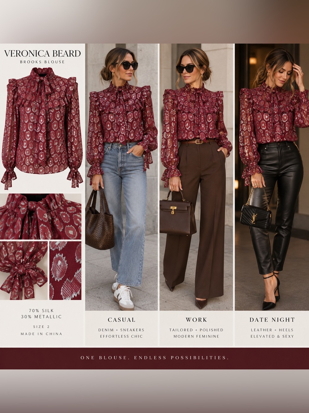 Veronica Beard Brooks Metallic Silk Ruffle Blouse Burgundy Silver Size 2